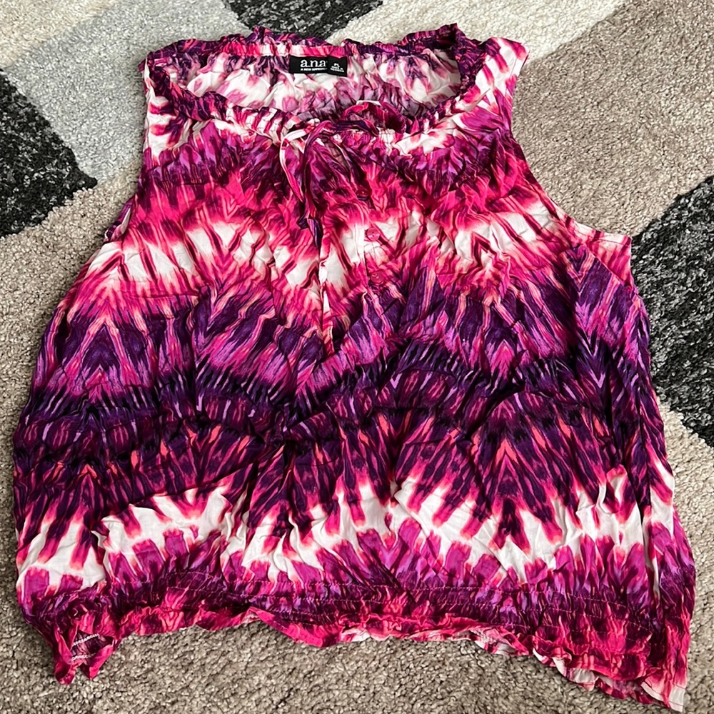 a.n.a. sleeveless blouse, pink and purple print, size PL petite large GUC!